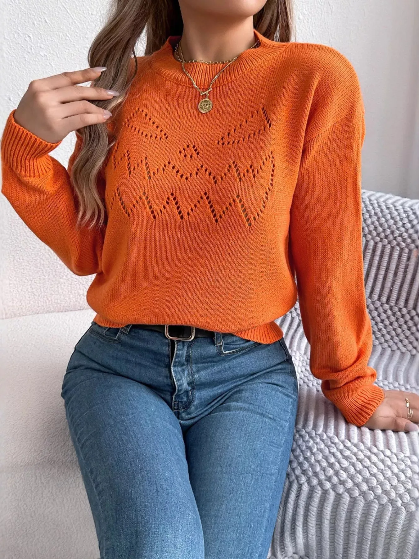 Openwork Round Neck Long Sleeve Sweater sold by Charming Charlie product image thumbnail 5