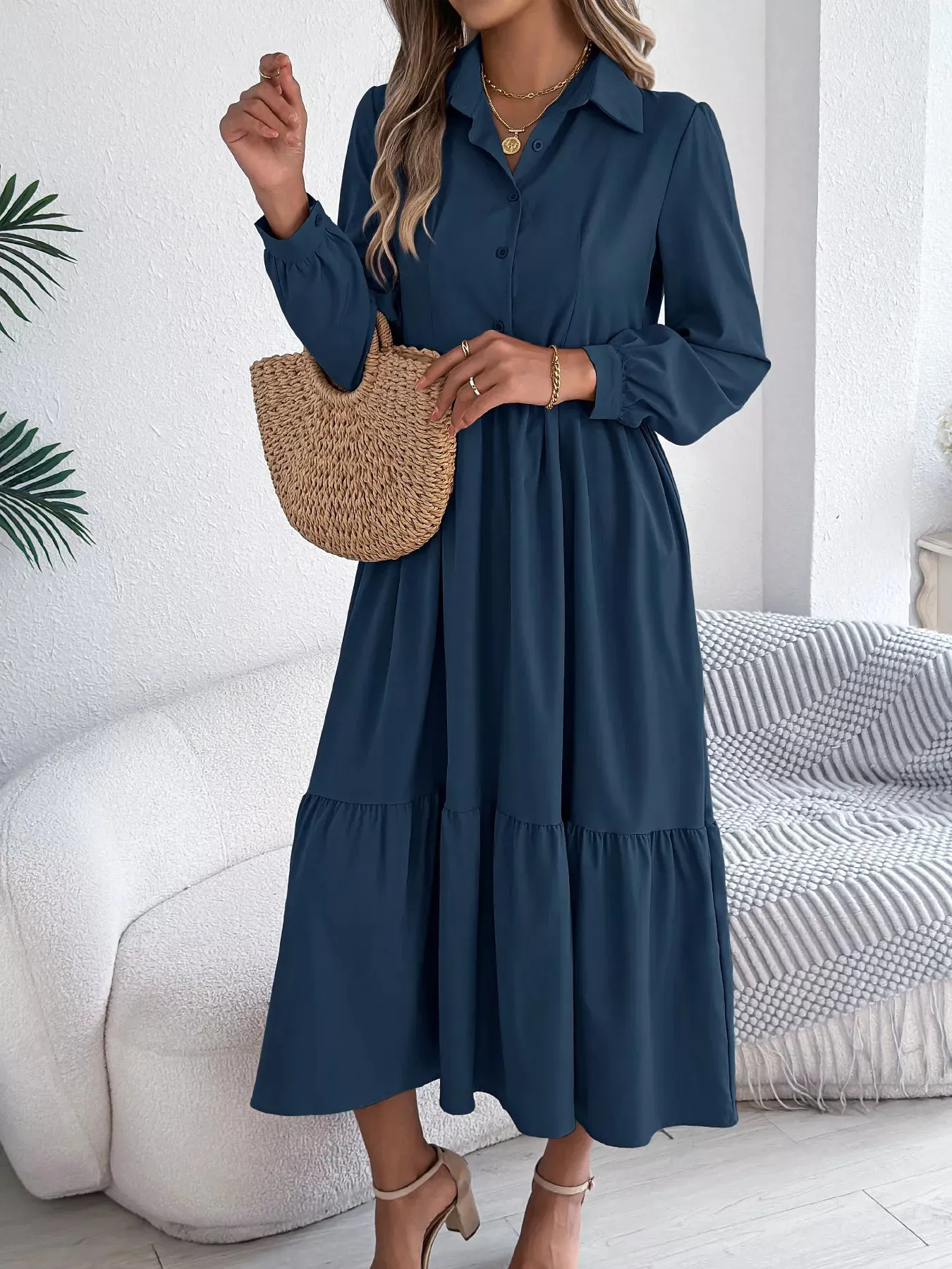 Long Sleeve Tiered Button Front Midi Dress sold by Charming Charlie product image thumbnail 4