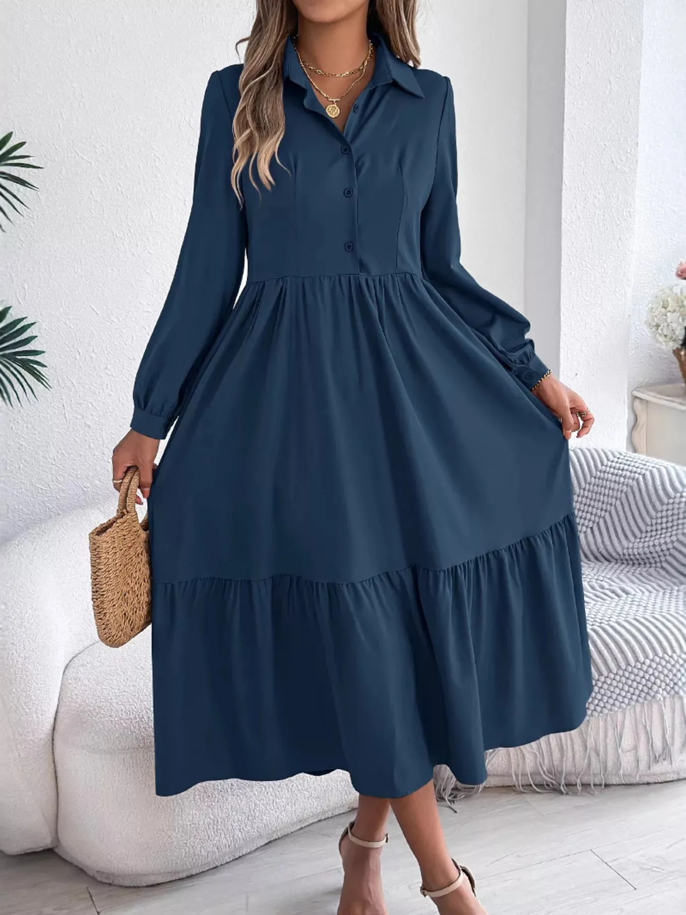 Long Sleeve Tiered Button Front Midi Dress sold by Charming Charlie