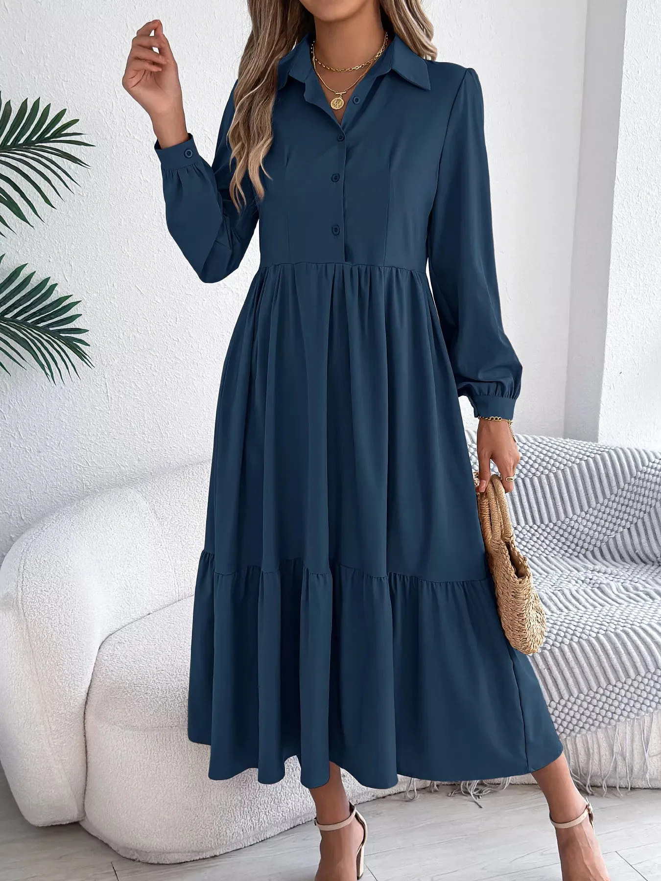 Long Sleeve Tiered Button Front Midi Dress sold by Charming Charlie product image thumbnail 5