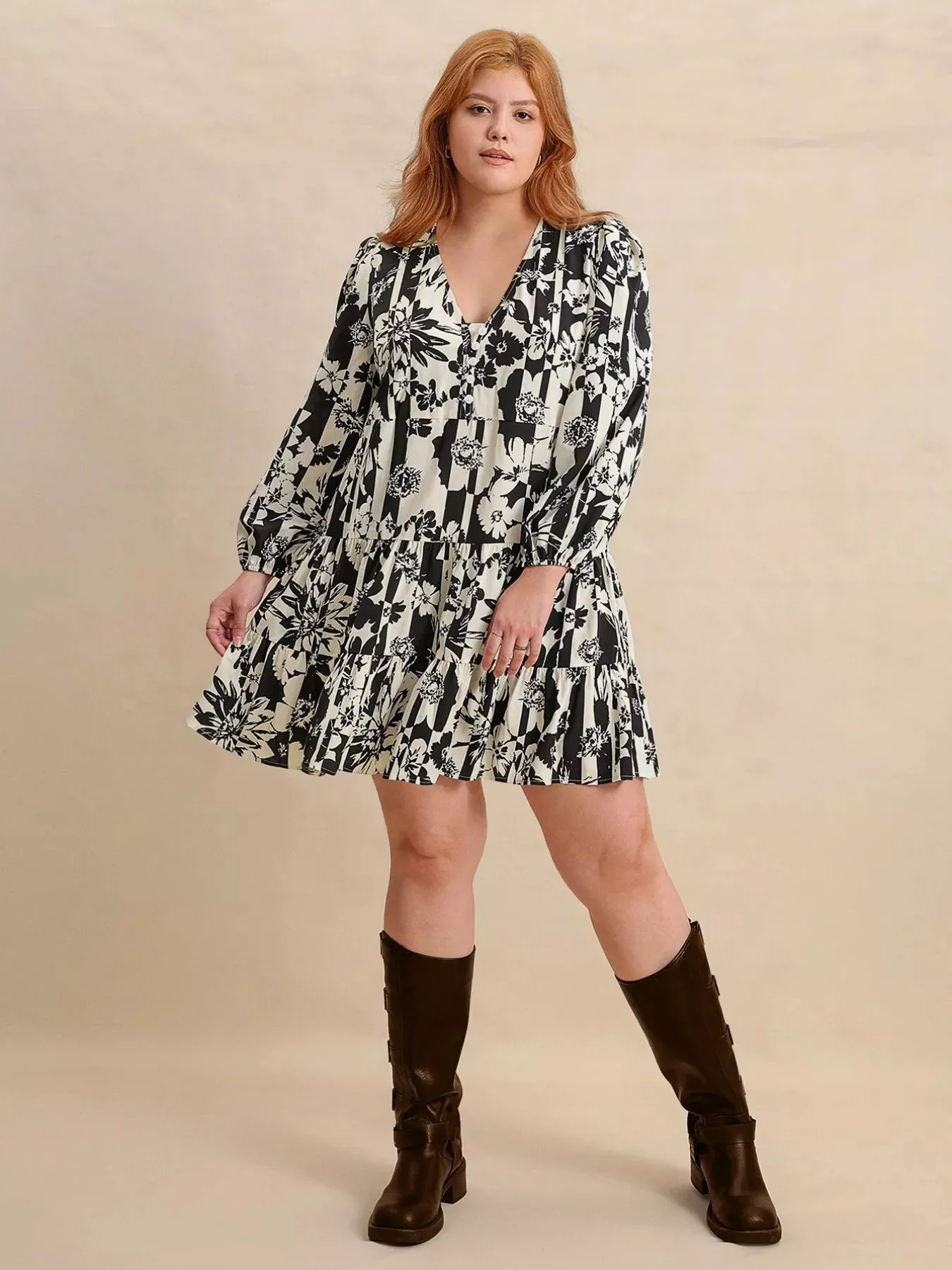 Plus Size Printed V-Neck Long Sleeve Mini Dress sold by Charming Charlie product image thumbnail 5