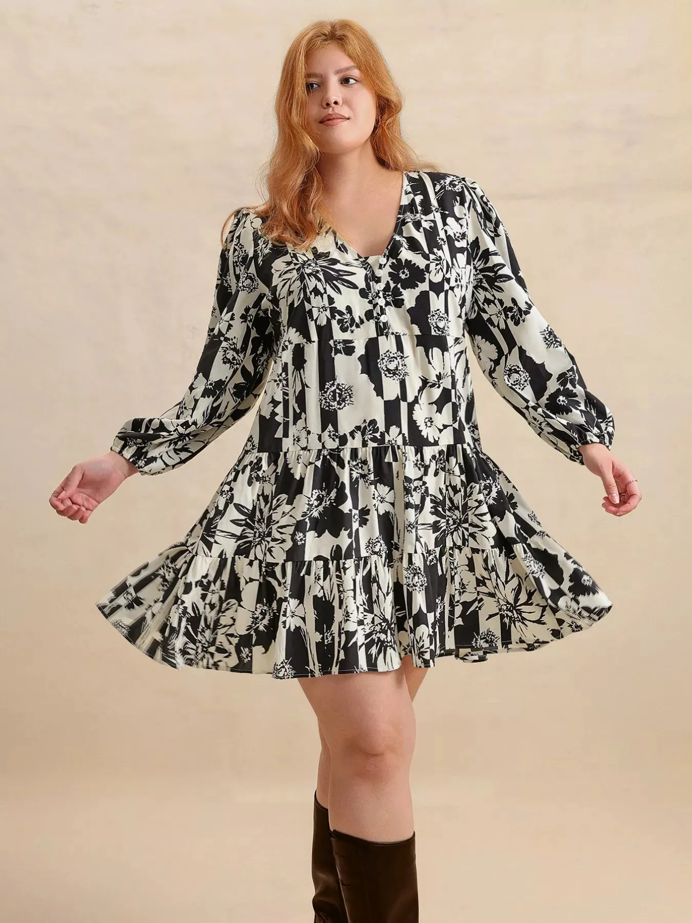 Plus Size Printed V-Neck Long Sleeve Mini Dress sold by Charming Charlie product image thumbnail 2