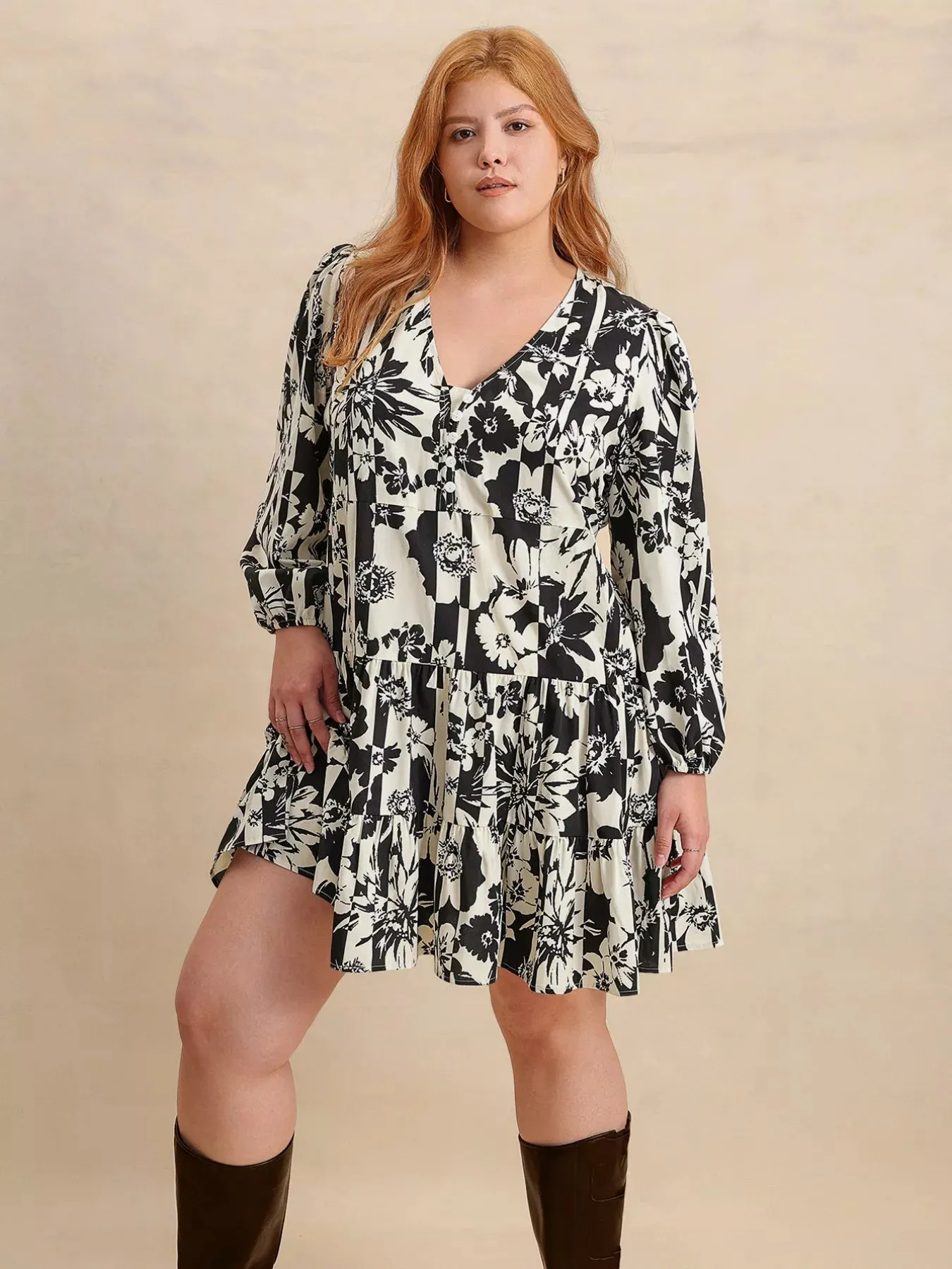 Plus Size Printed V-Neck Long Sleeve Mini Dress sold by Charming Charlie product image thumbnail 3