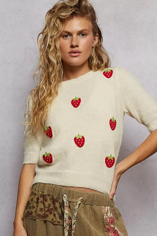 POL Round Neck Strawberry Patch Sweater with Shirring Shoulder sold by Charming Charlie
