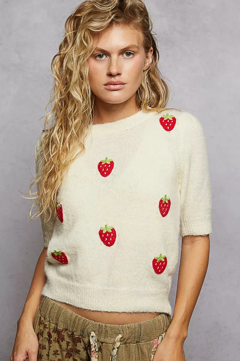 POL Round Neck Strawberry Patch Sweater with Shirring Shoulder sold by Charming Charlie product image thumbnail 2