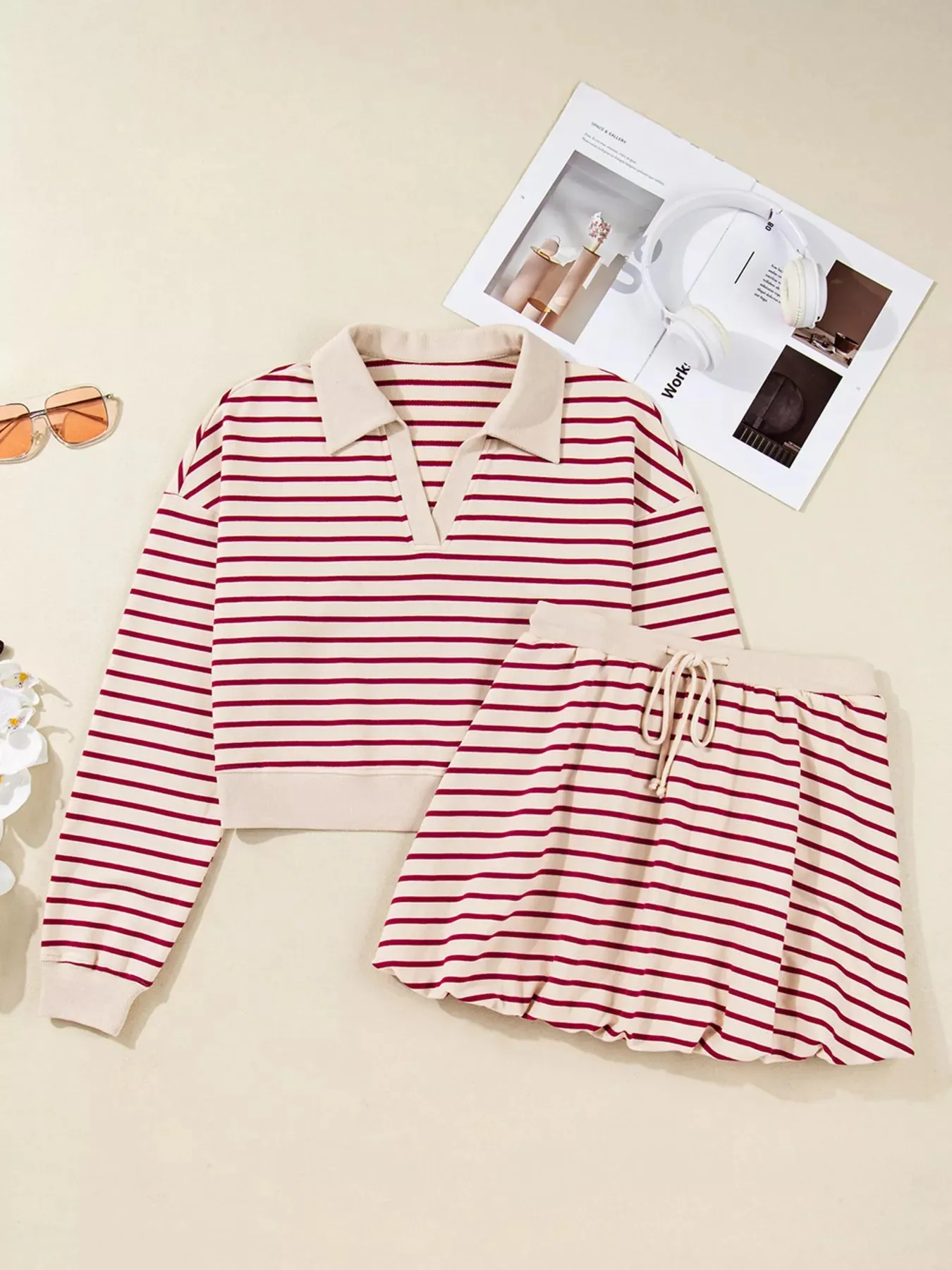 tripe Cropped Collared Drop Shoulder Pullover and Bubble Mini Skirt Set sold by Charming Charlie product image thumbnail 2