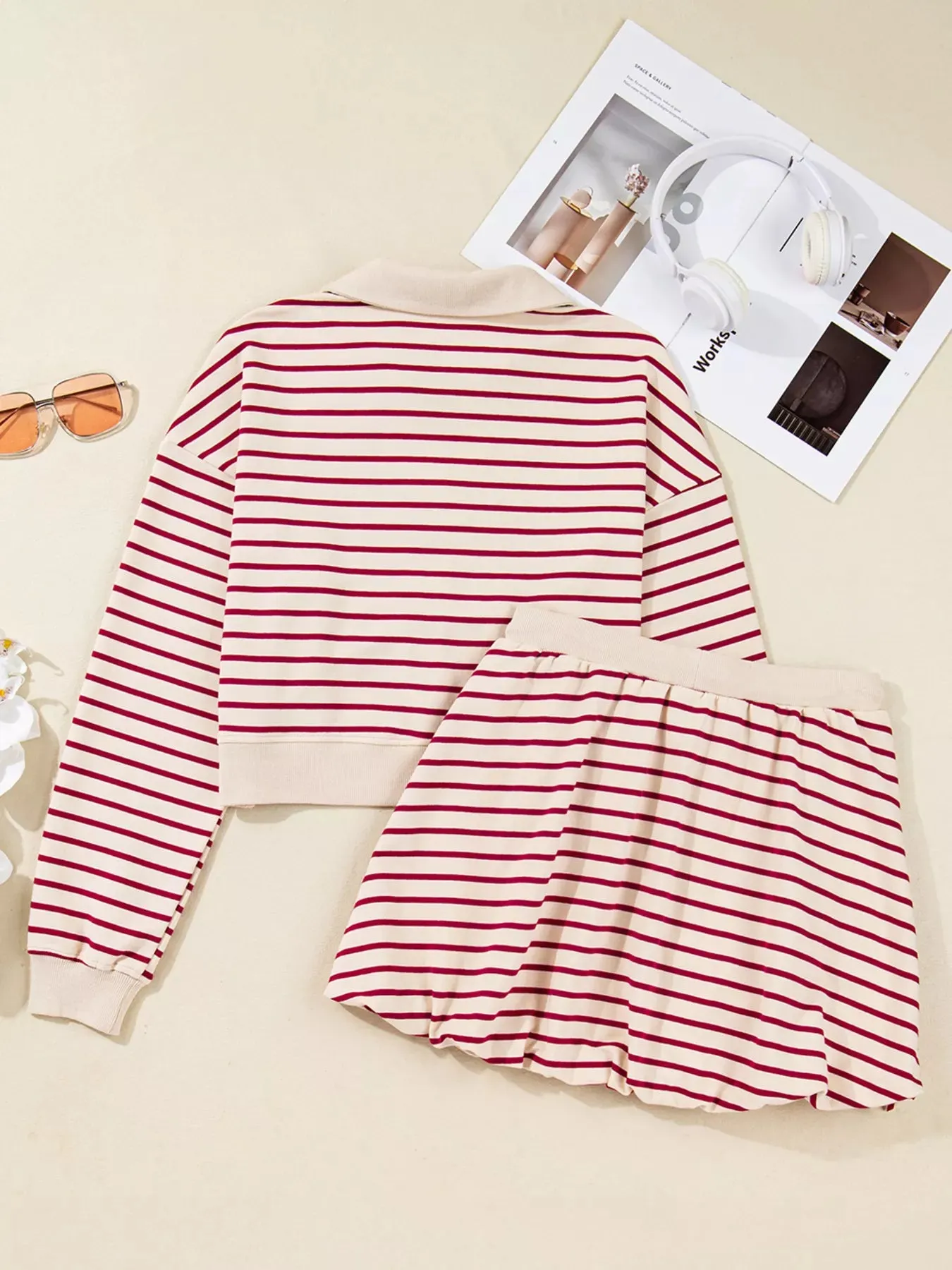 tripe Cropped Collared Drop Shoulder Pullover and Bubble Mini Skirt Set sold by Charming Charlie product image thumbnail 3