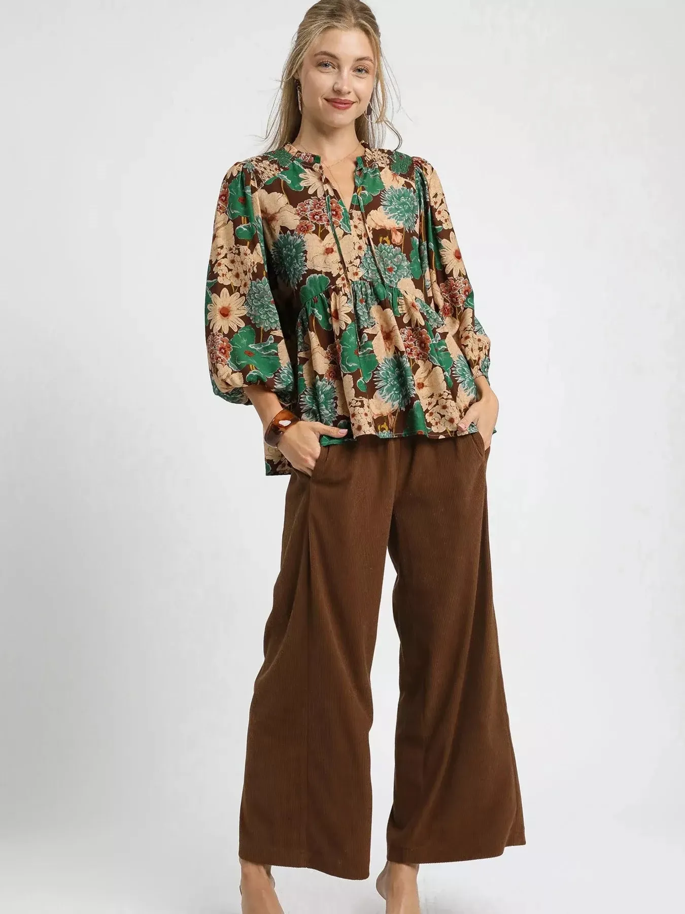 Umgee Mix Floral Peplum Blouse with Tie Neck sold by Charming Charlie product image thumbnail 4