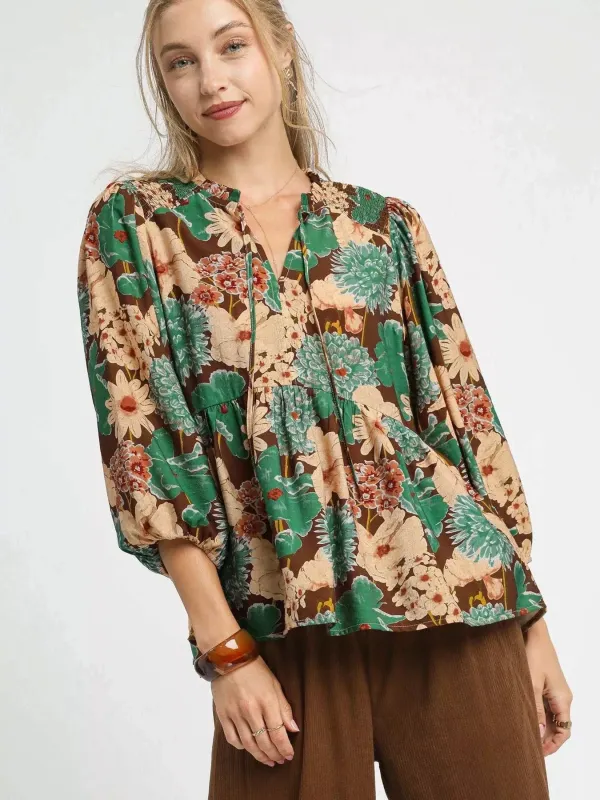 Umgee Mix Floral Peplum Blouse with Tie Neck sold by Charming Charlie