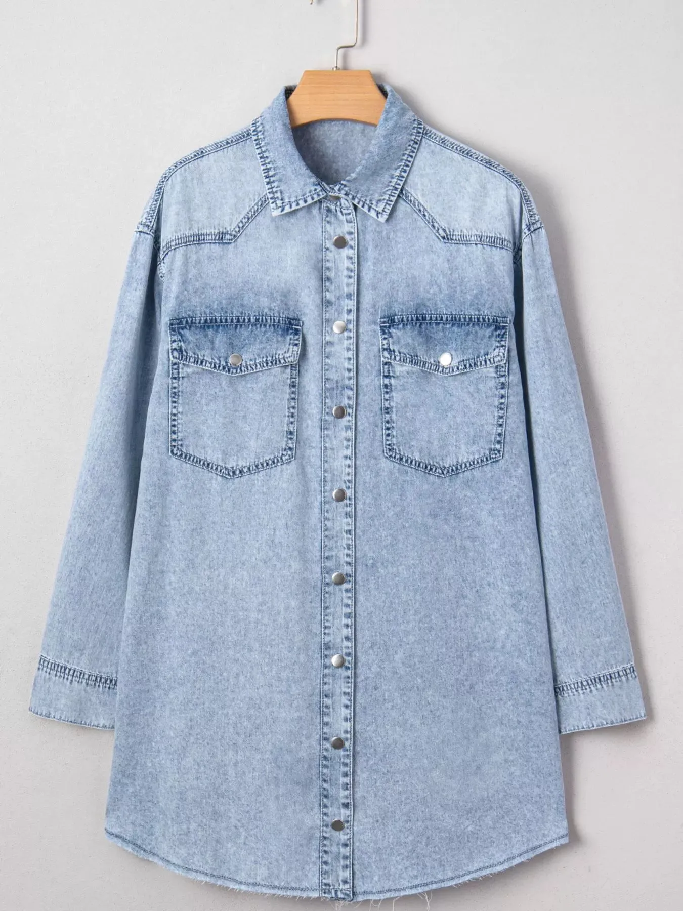 Chest Pocket Raw Hem Denim Loose Shirt Dress sold by Charming Charlie product image thumbnail 4