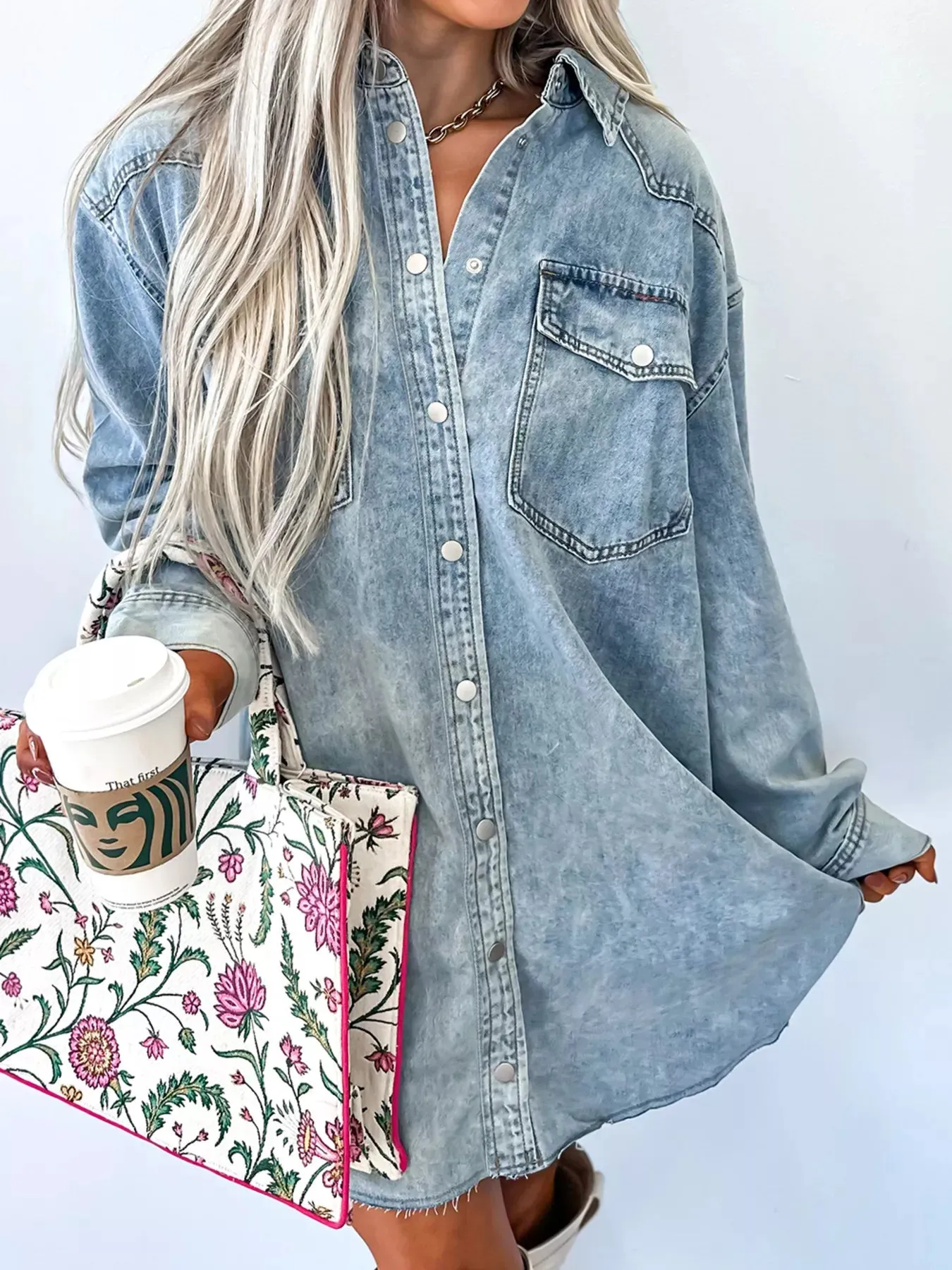 Chest Pocket Raw Hem Denim Loose Shirt Dress sold by Charming Charlie