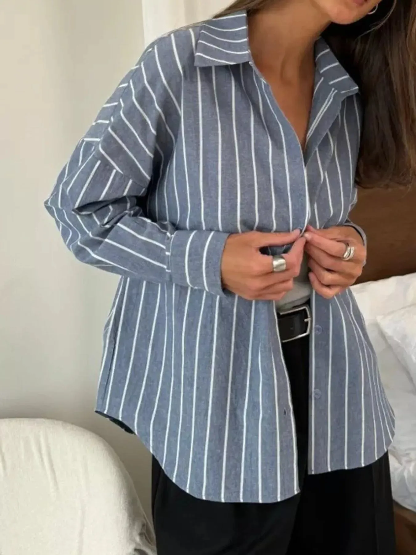 Striped Oversized Button-Down Shirt sold by Charming Charlie product image thumbnail 5