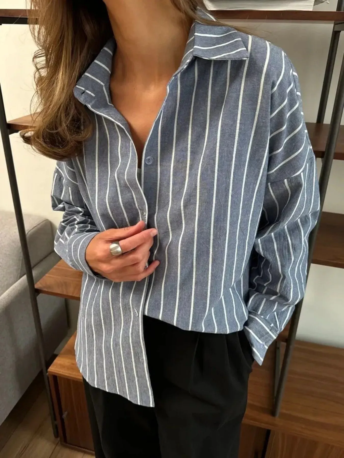 Striped Oversized Button-Down Shirt sold by Charming Charlie product image thumbnail 4