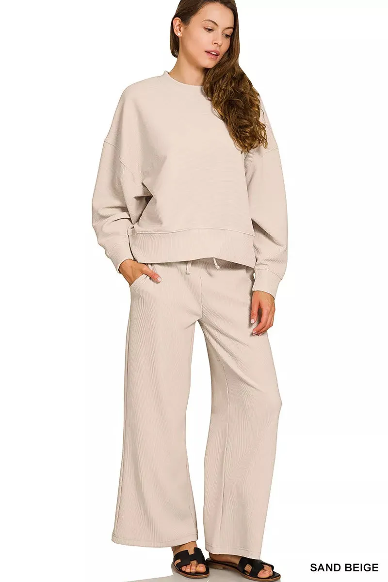 Zenana Ribbed Round Neck Pullover and Drawstring Pants Set sold by Charming Charlie