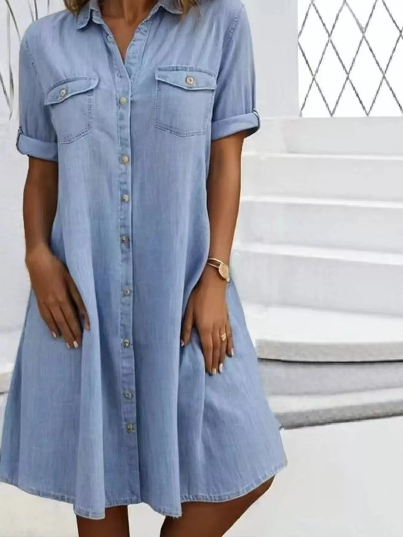 Full Size Button-Front Short Sleeve Denim Dress Plus Size sold by Charming Charlie