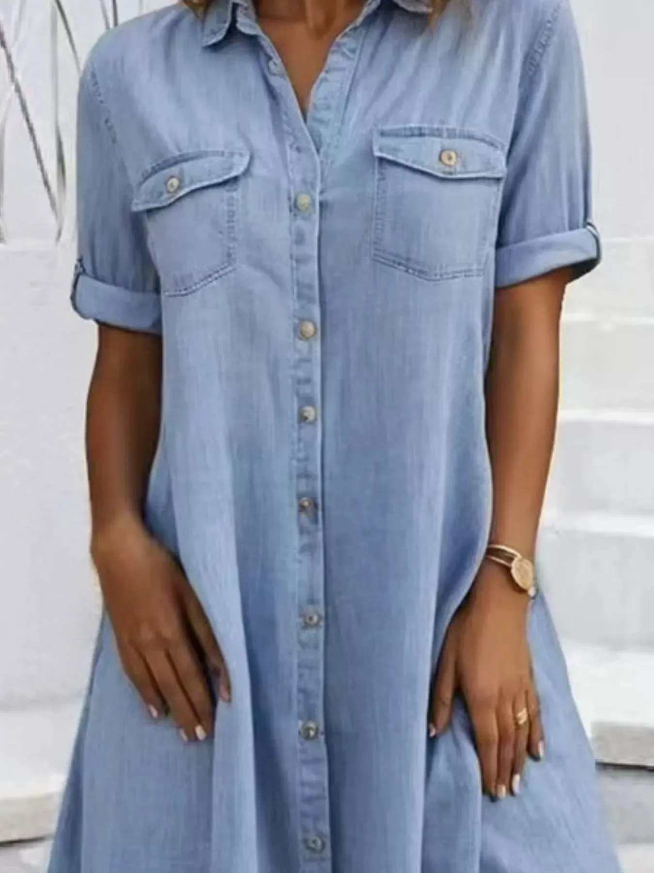 Full Size Button-Front Short Sleeve Denim Dress Plus Size sold by Charming Charlie product image thumbnail 2
