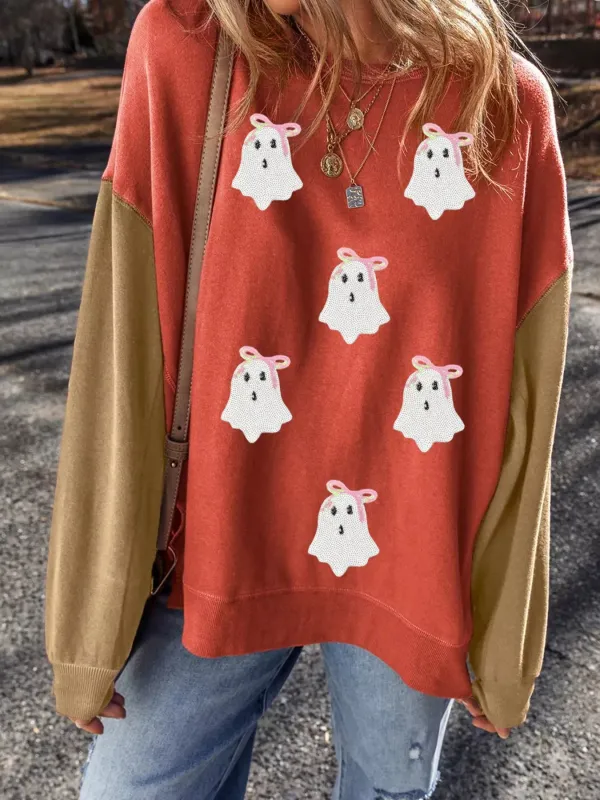 Halloween Glitter Ghost Patched Pattern Color Block Sweatshirt sold by Charming Charlie