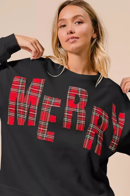 BiBi Plaid Merry Lettering Christmas Fleece Sweatshirt sold by Charming Charlie