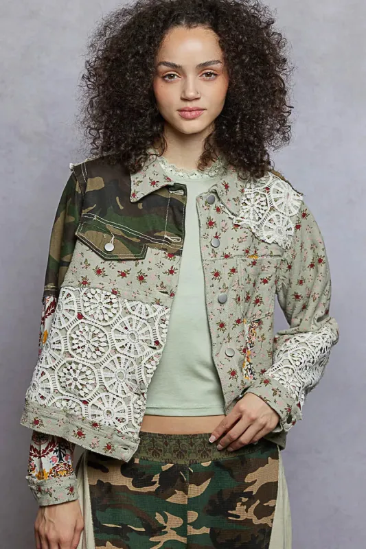 POL Floral Printed French Terry Jacket with Crochet Contrast sold by Charming Charlie