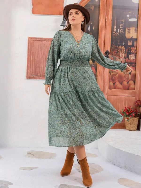 Plus Size Printed V-Neck Long Sleeve Midi Dress sold by Charming Charlie