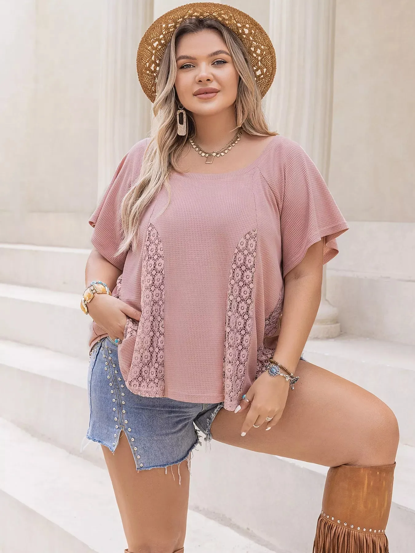 Plus Size Lace Detail Round Neck Short Sleeve T-Shirt sold by Charming Charlie product image thumbnail 3