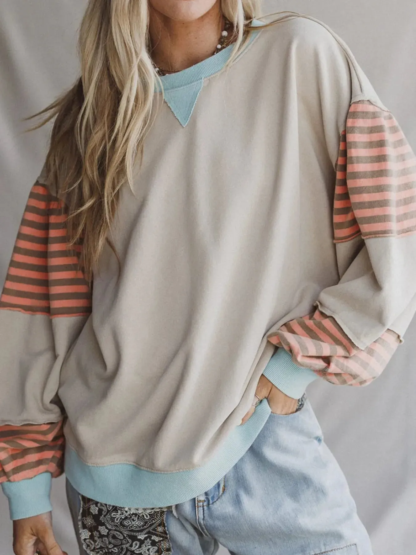 Striped Colorblock Patchwork Drop Shoulder Sweatshirt sold by Charming Charlie