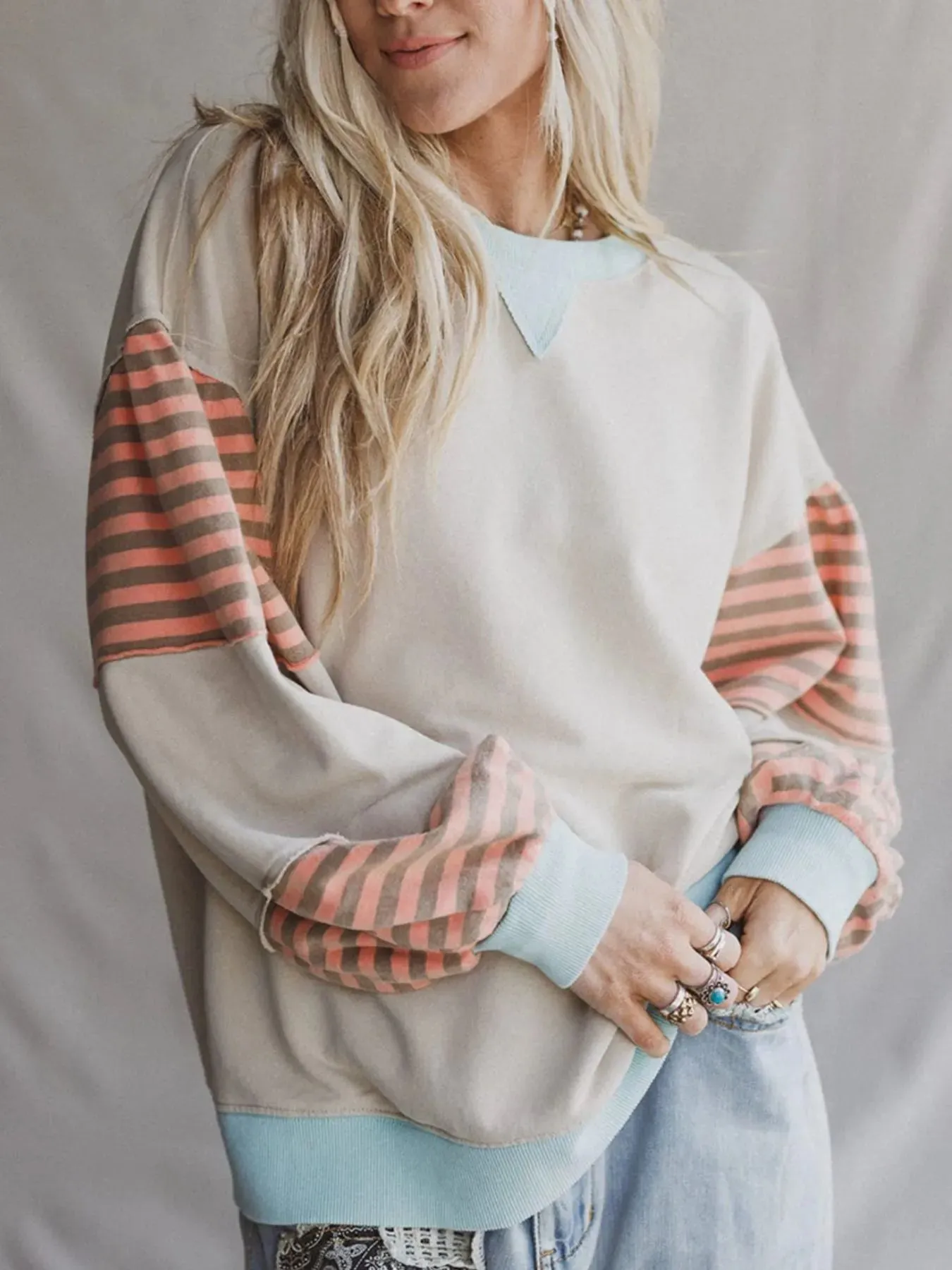 Striped Colorblock Patchwork Drop Shoulder Sweatshirt sold by Charming Charlie product image thumbnail 2