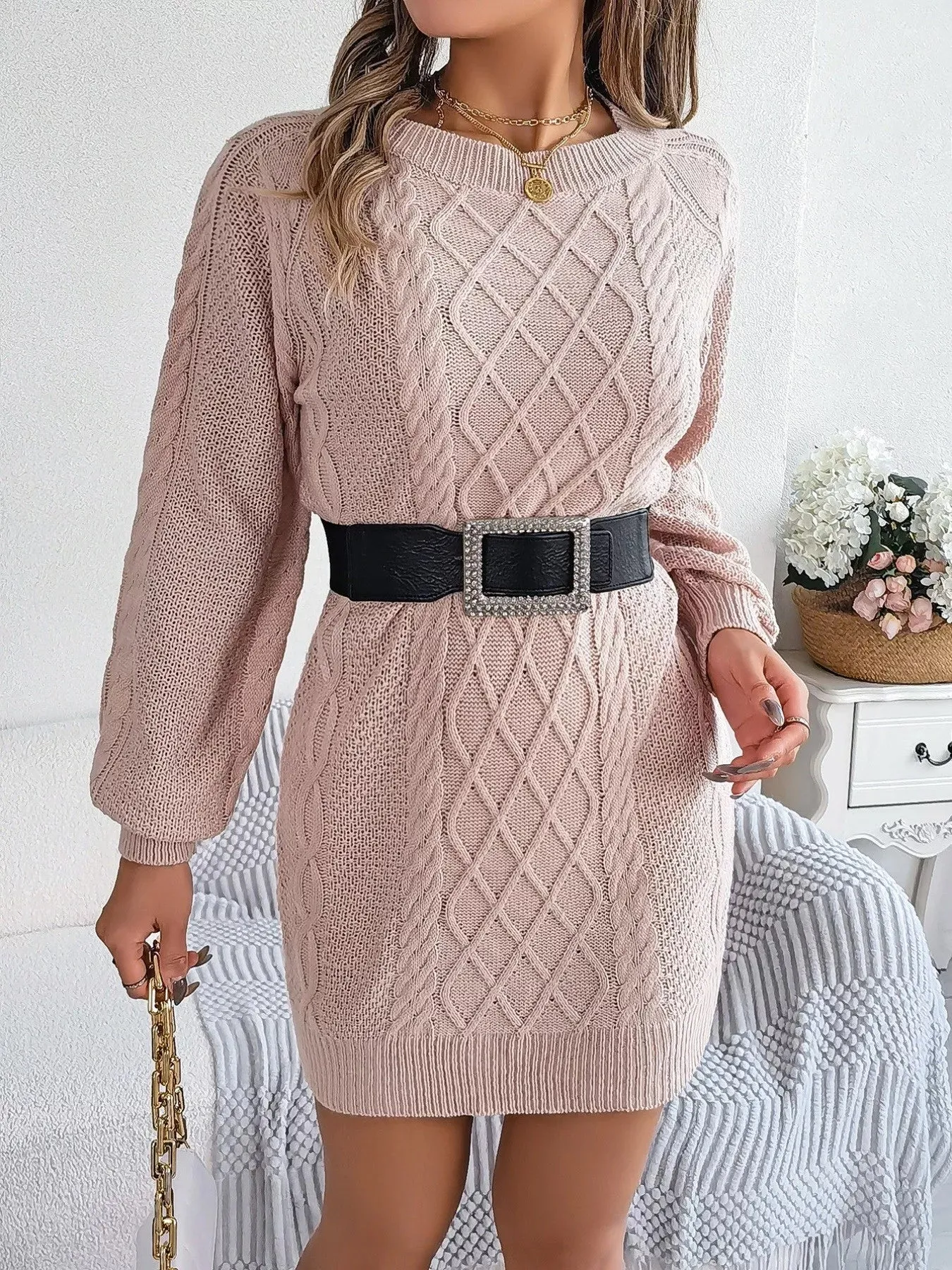 Diamond Cable Knit Sweater Dress with Long Sleeves sold by Charming Charlie product image thumbnail 3