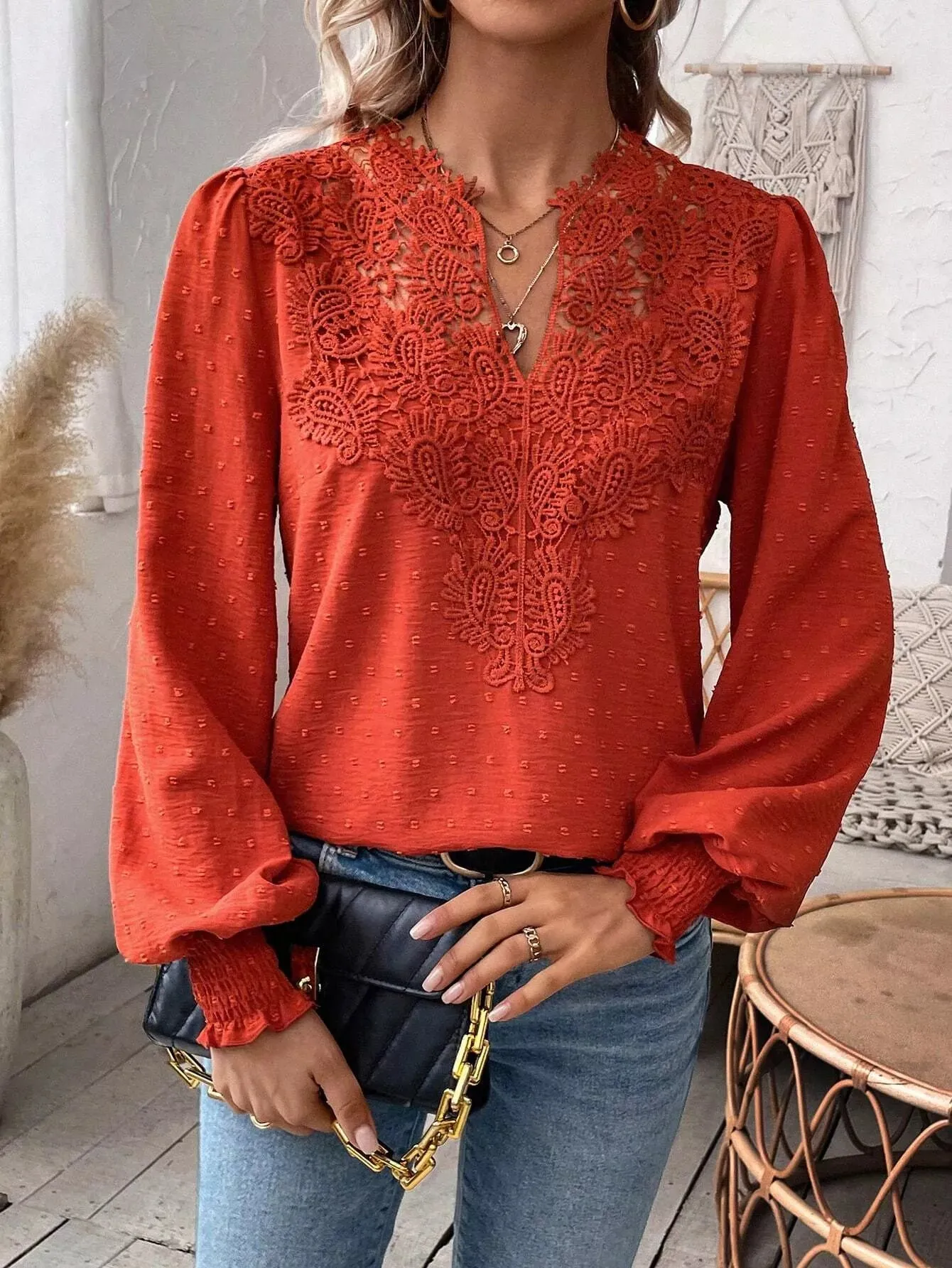 Swiss Dot Lace Detail Long Sleeve Blouse sold by Charming Charlie product image thumbnail 3