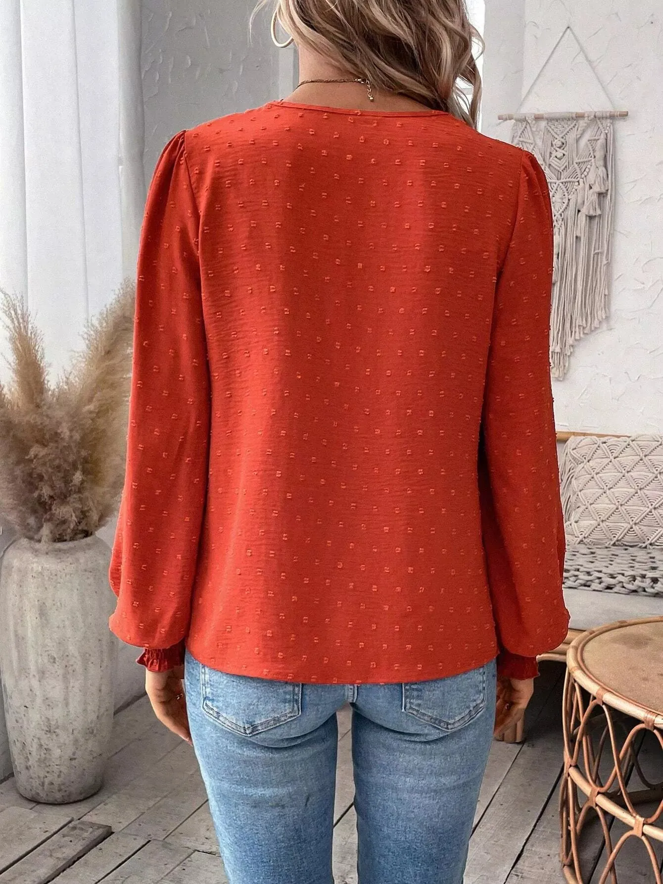 Swiss Dot Lace Detail Long Sleeve Blouse sold by Charming Charlie product image thumbnail 4