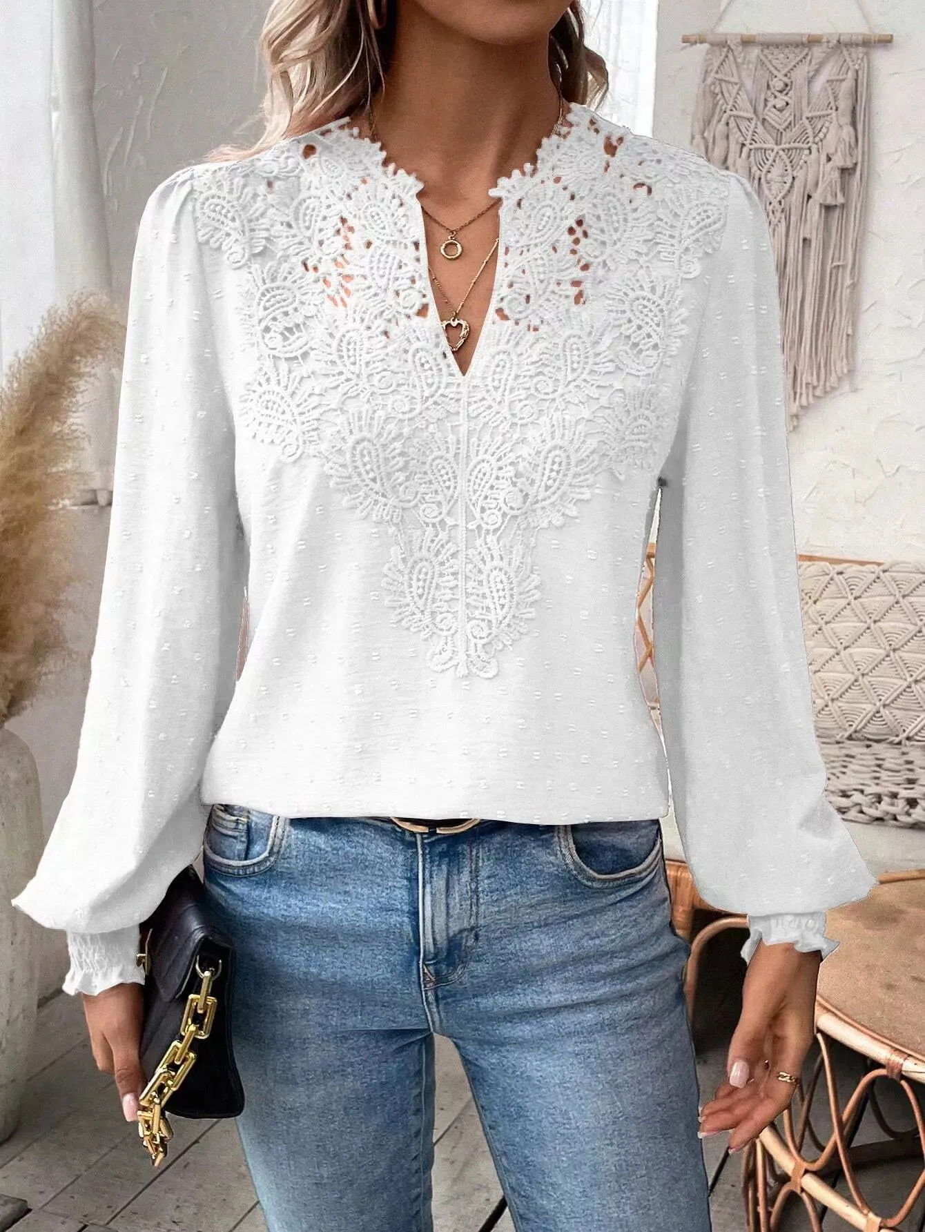 Swiss Dot Lace Detail Long Sleeve Blouse sold by Charming Charlie product image thumbnail 5