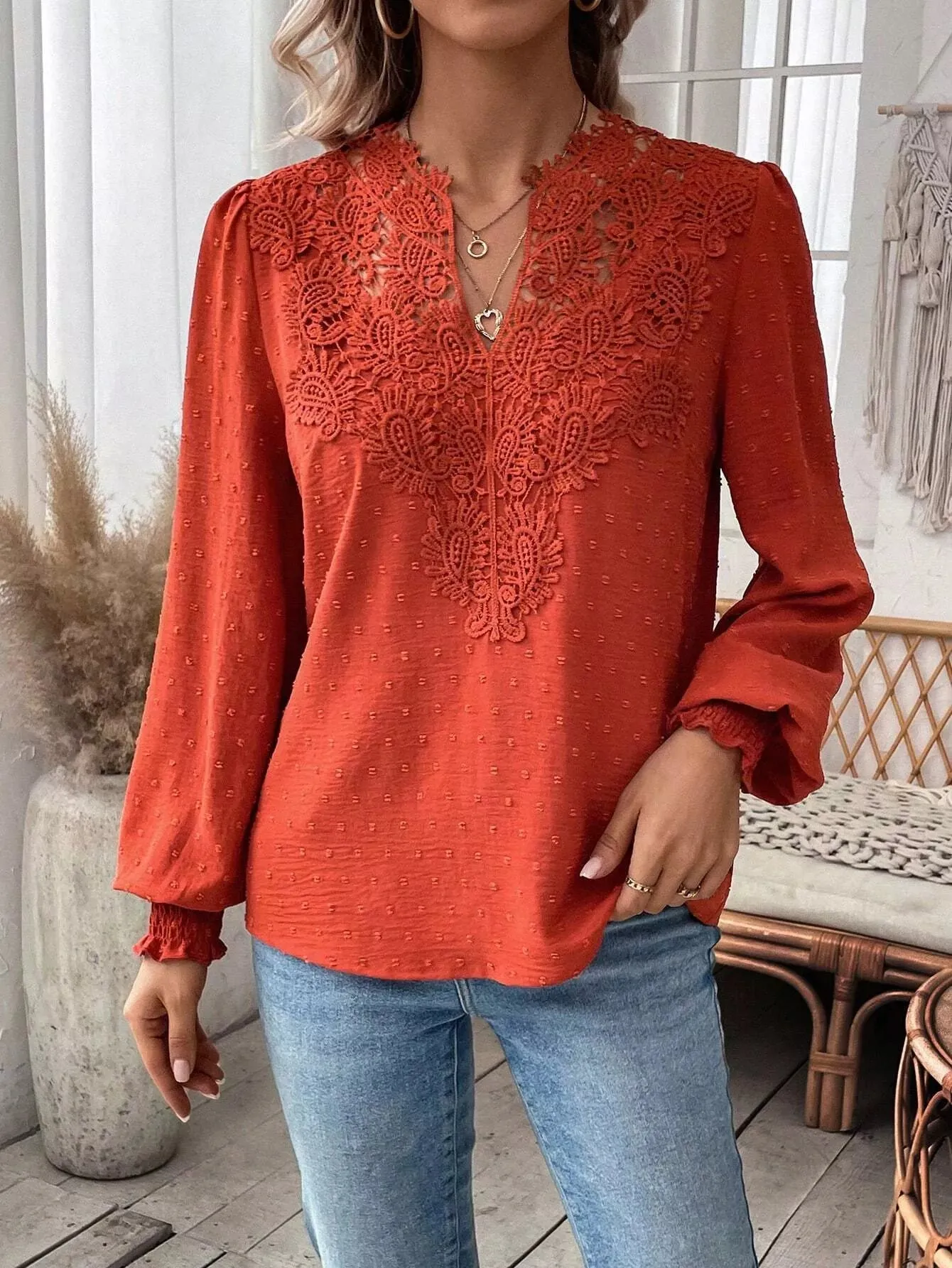 Swiss Dot Lace Detail Long Sleeve Blouse sold by Charming Charlie product image thumbnail 2