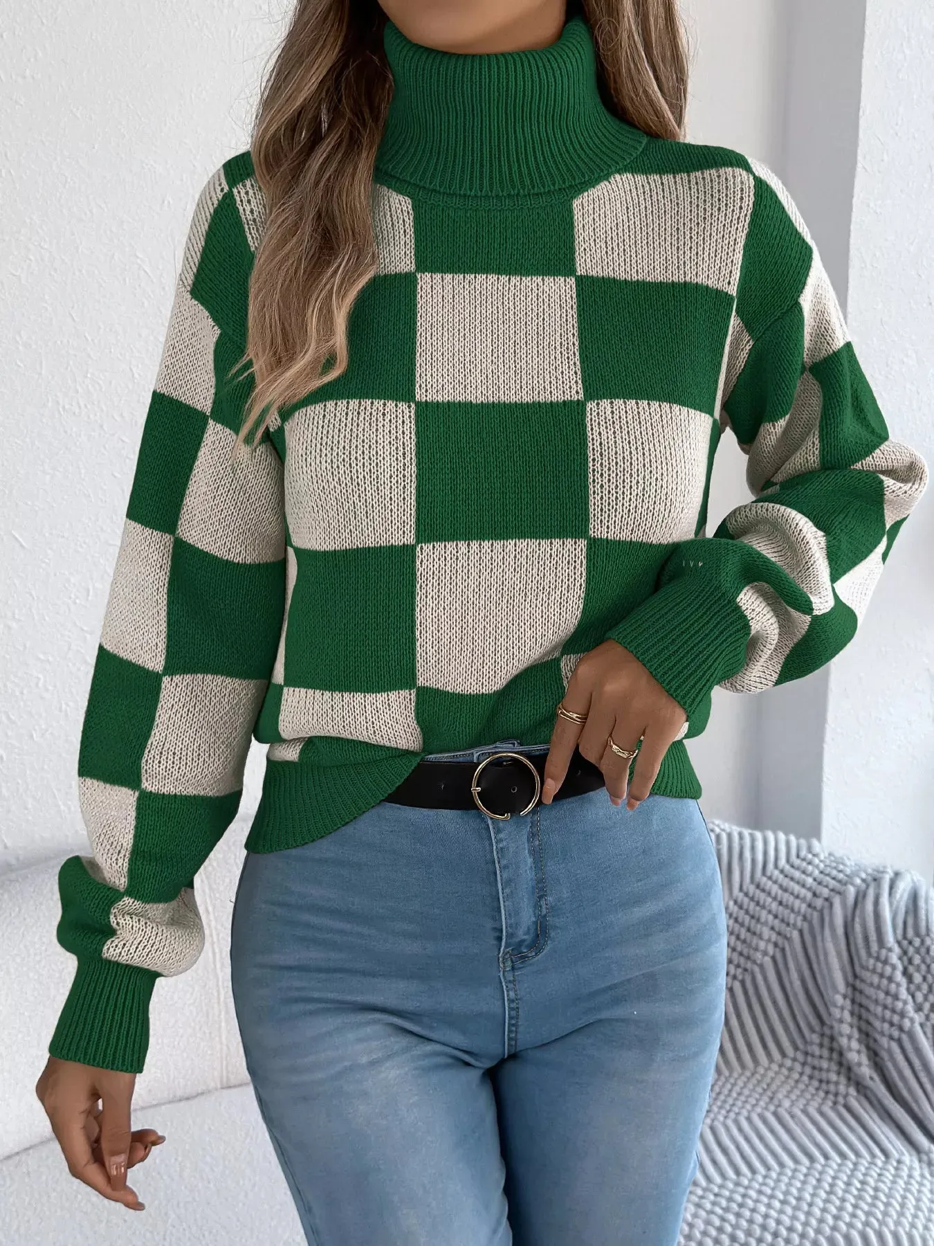 Checkered Turtleneck Long Sleeve Sweater sold by Charming Charlie product image thumbnail 4