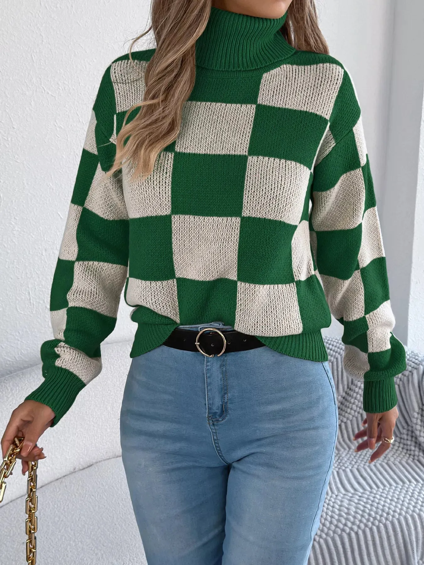 Checkered Turtleneck Long Sleeve Sweater sold by Charming Charlie product image thumbnail 3