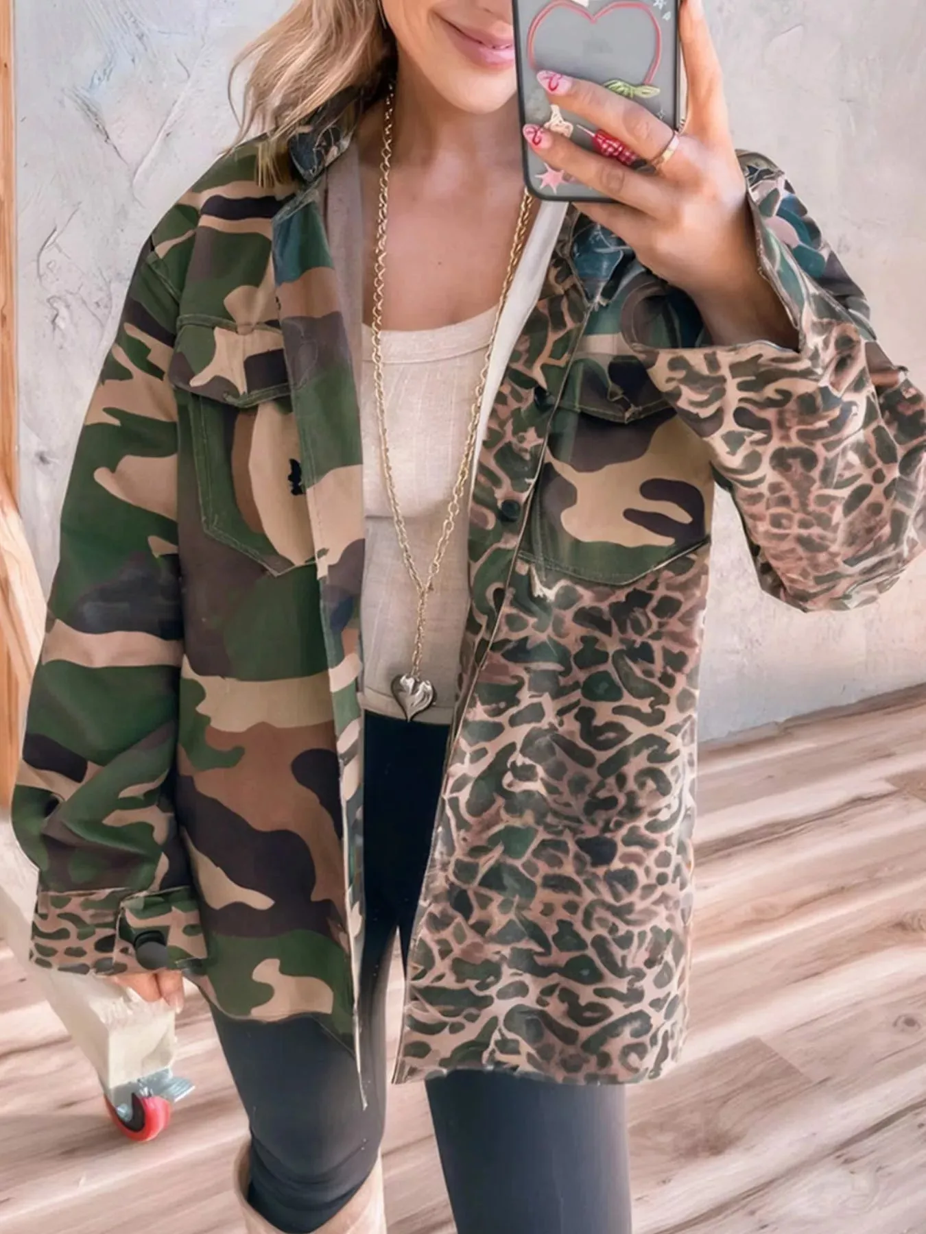 Camouflage Leopard Print Mixed Pattern Oversized Jacket sold by Charming Charlie