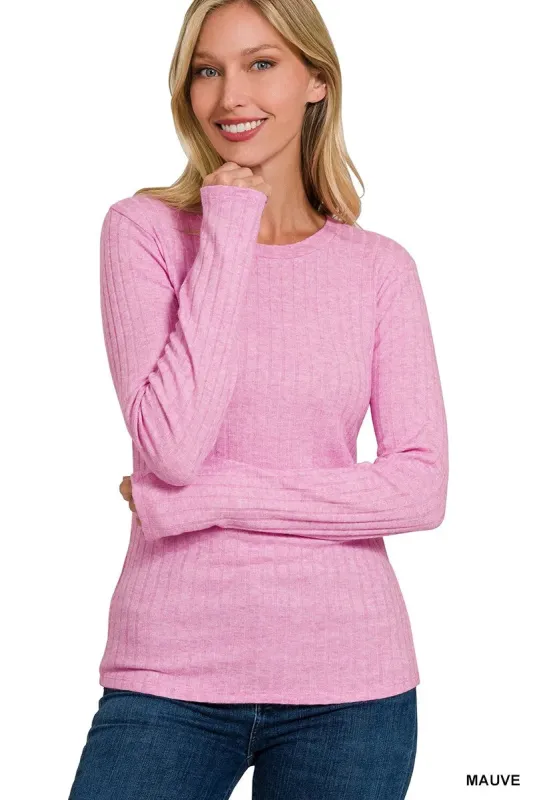 Zenana Ribbed Long Sleeve Round Neck T-Shirt sold by Charming Charlie
