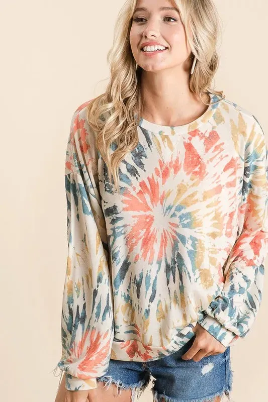 BiBi Tie Dye Print Terry Pull Over sold by Charming Charlie