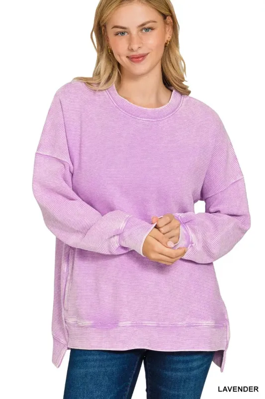 Zenana Acid Washed Double Ribbed Hi-low Sweatshirt sold by Charming Charlie