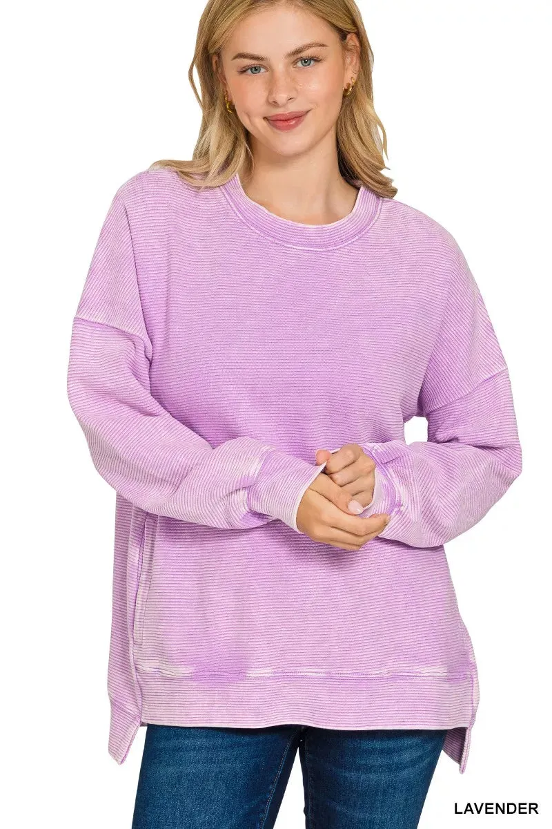 Zenana Acid Washed Double Ribbed Hi-low Sweatshirt sold by Charming Charlie