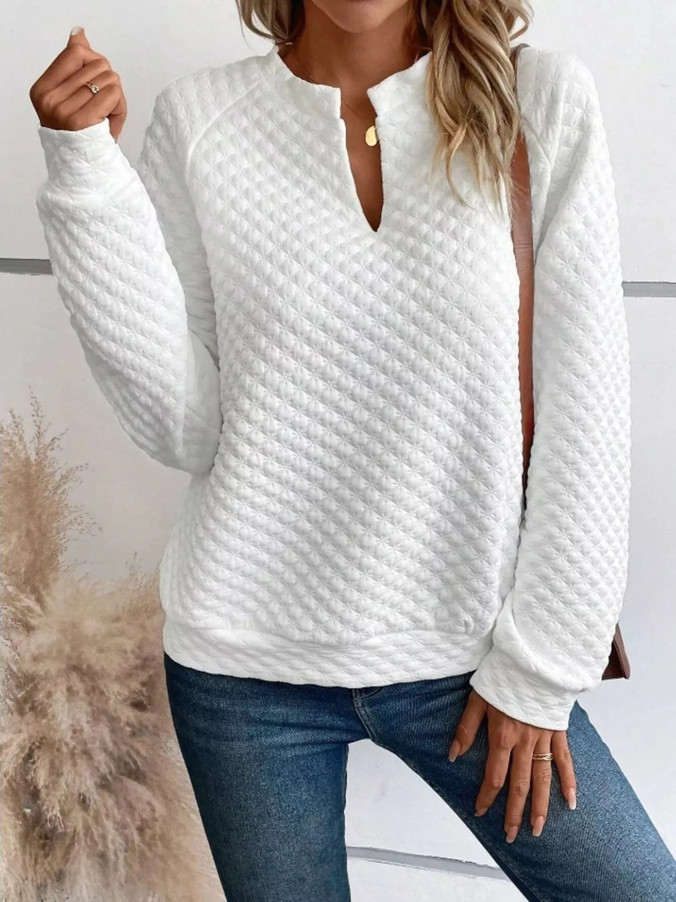 Textured Long Sleeve Notched Sweatshirt sold by Charming Charlie product image thumbnail 2