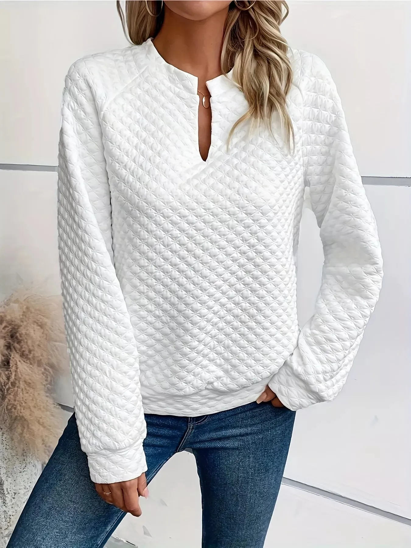Textured Long Sleeve Notched Sweatshirt sold by Charming Charlie product image thumbnail 3