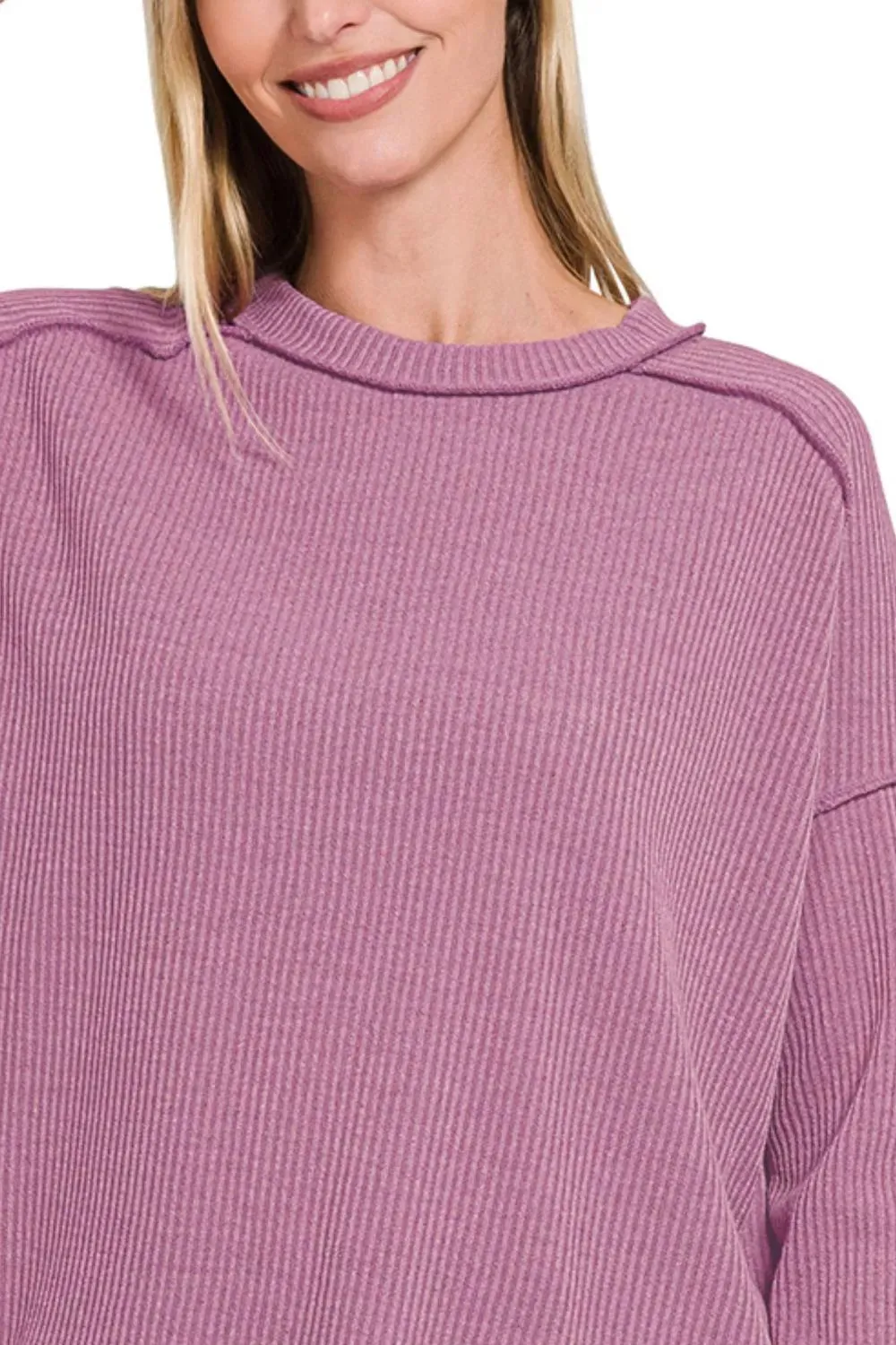 Zenana Ribbed Drop Shoulder Round Neck Sweater sold by Charming Charlie product image thumbnail 2