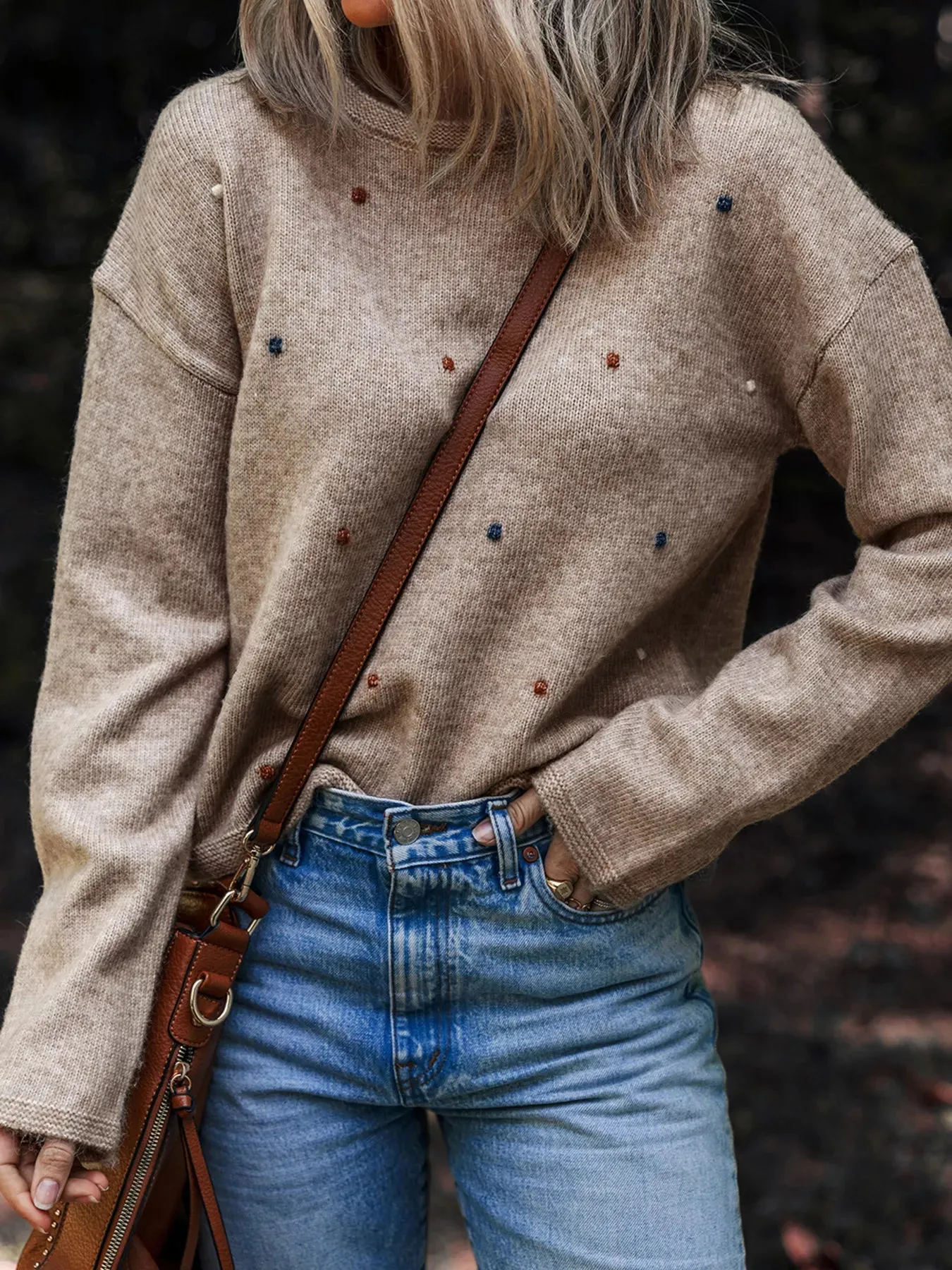 Contrast Colored Dot Detail Drop Shoulder Sweater sold by Charming Charlie
