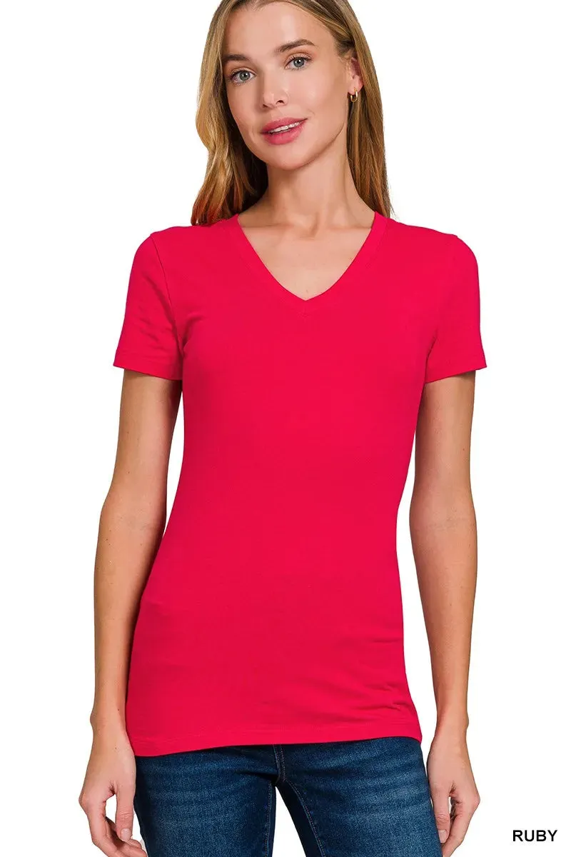 Zenana Basic Cotton V-Neck Short Sleeve T-Shirt sold by Charming Charlie