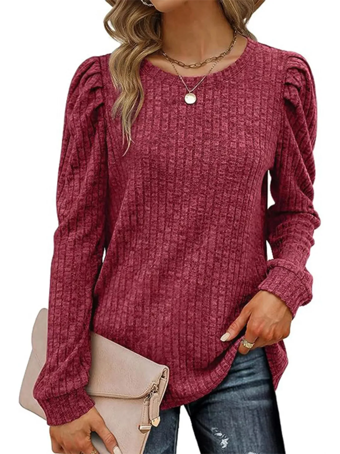 Ribbed Knit Top with Puff Sleeves sold by Charming Charlie