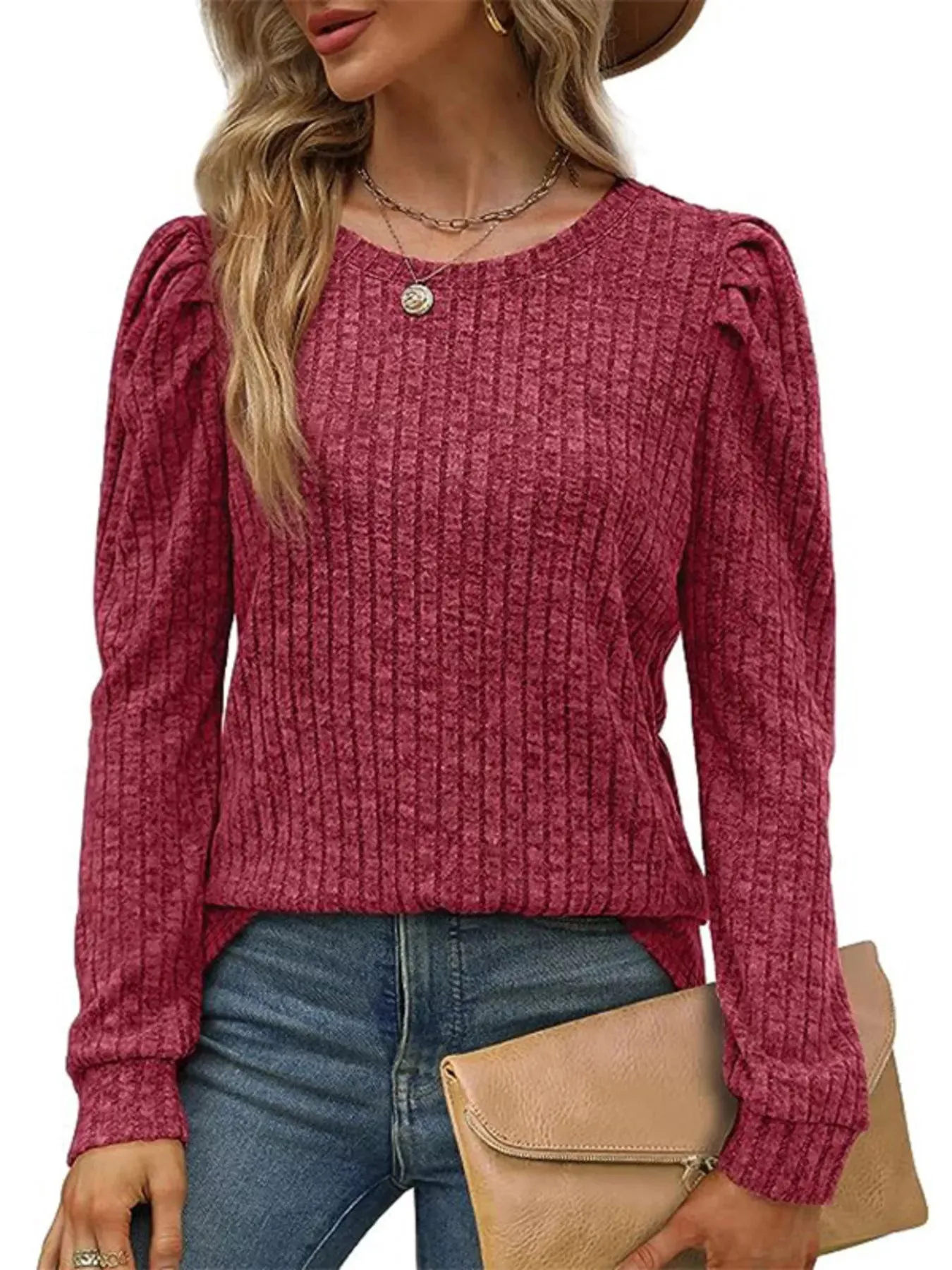 Ribbed Knit Top with Puff Sleeves sold by Charming Charlie product image thumbnail 2