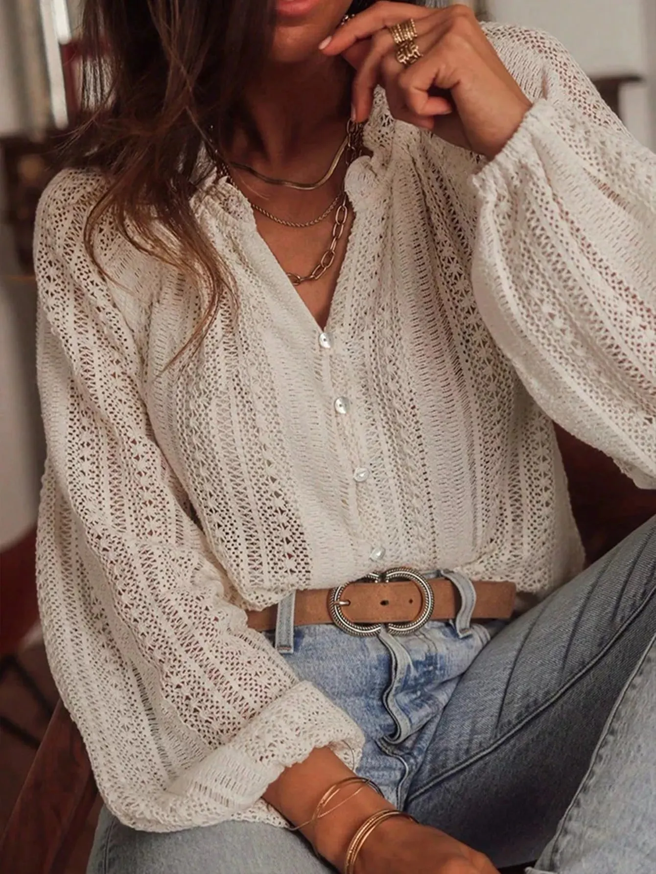 Lace Notched Long Sleeve Shirt sold by Charming Charlie