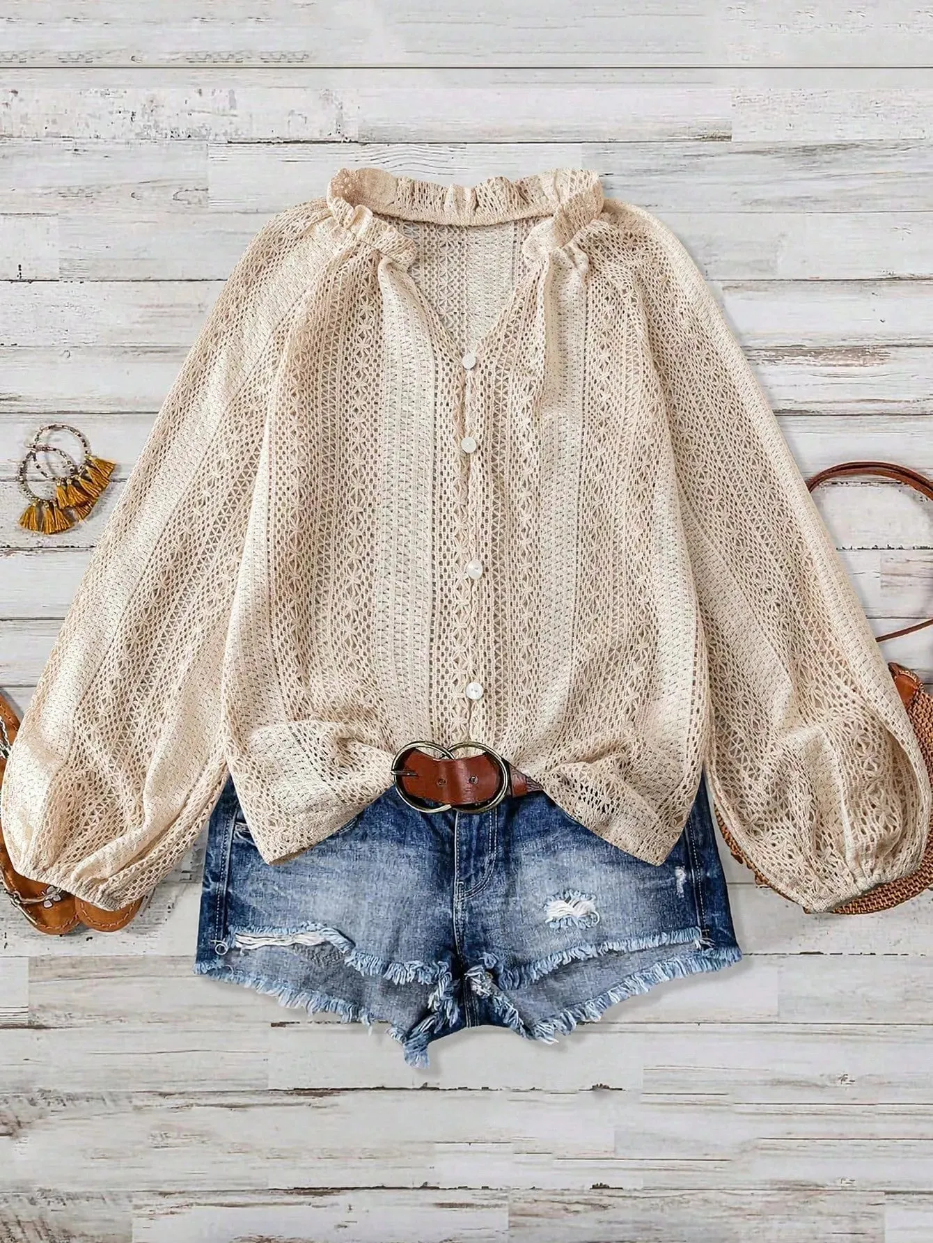 Lace Notched Long Sleeve Shirt sold by Charming Charlie product image thumbnail 3