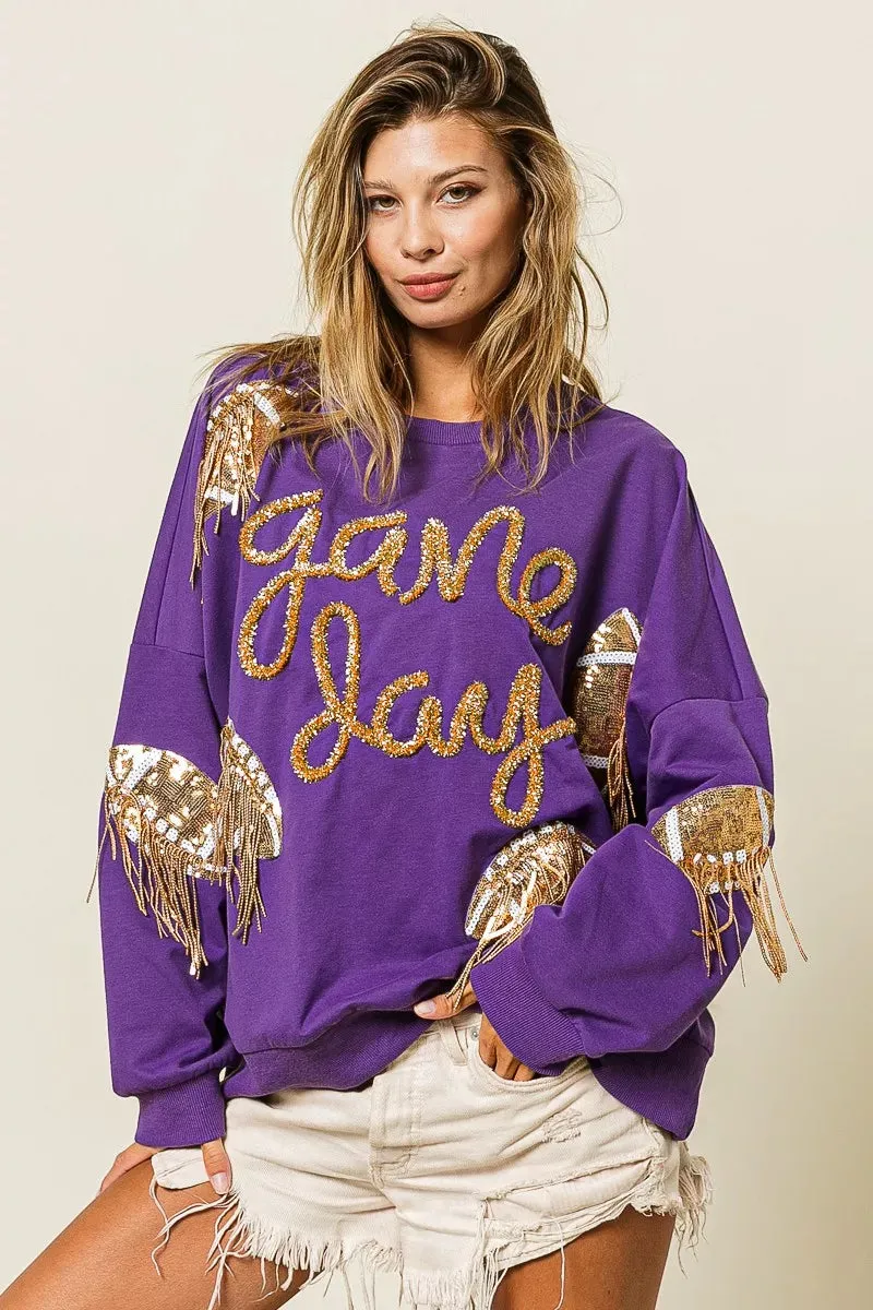 BiBi Sequin Football Patches Game Day Sweatshirt sold by Charming Charlie