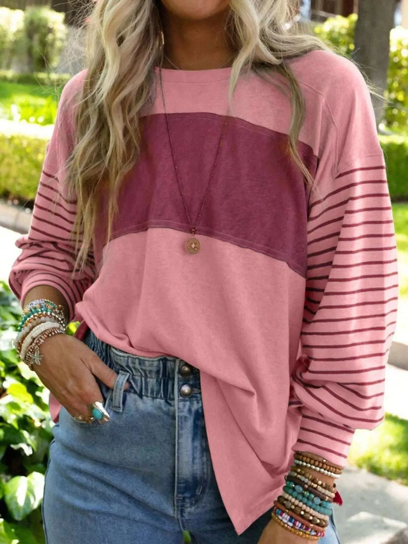 Striped Color Block Long Sleeve T-Shirt sold by Charming Charlie product image thumbnail 4